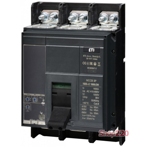 Автоматический выключатель 1600A 3P, 65kA, (0.4-1)In/(1.5-10)Ir, NBS-E 1600/3H ETI 4673183