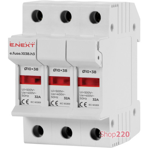 Держатель предохранителей 10х38 до 32А, 3 полюса, на дин-рейку, e.fuse.1038.h3 Enext i0300003