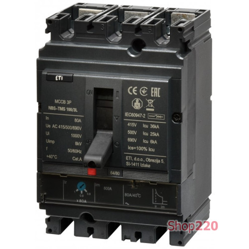 Автоматический выключатель 80A 3P, 36kA, (0.8-1)In/фикс., NBS-TMS 100/3L ETI 4673006