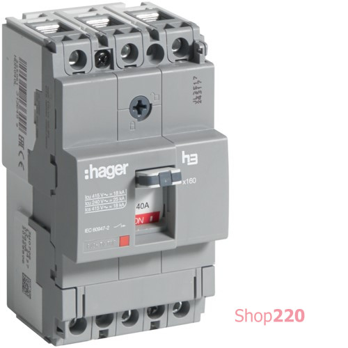 Автоматический выключатель x160, In=40А, 3п, 18kA, Тффикс./Мффикс. Hager HDA040L