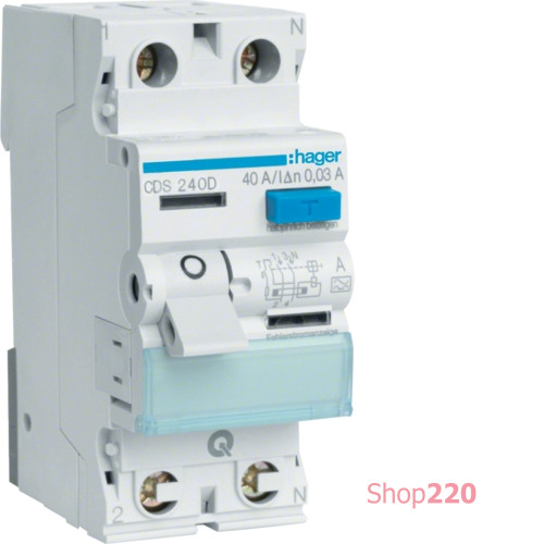УЗО 40 А, 30 мА, тип А, 2 полюса, клеммы QuickConnect, CDS240D Hager