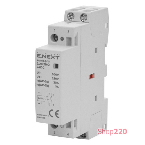 Модульный контактор 20А 2р 2NO, катушка 24В, e.mc.pro.2.20.2NO.24DC ENEXT p005317