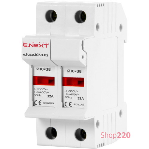 Держатель предохранителей 10х38 до 32А, 2 полюса, на дин-рейку, e.fuse.1038.h2 Enext i0300002