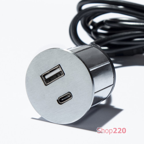 Розетка USB тип А+С в мебель, нержавеющая сталь, Versapick ASA ASA-060.29Z.00033