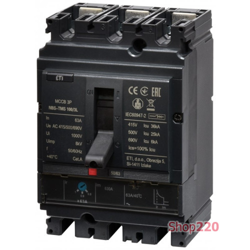 Автоматический выключатель 63A 3P, 36kA, (0.8-1)In/фикс., NBS-TMS 100/3L ETI 4673005