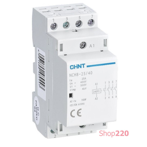 Контактор модульный 25A, контакты 4NO, катушка 220В AC, NCH8-25/40 Chint 256089