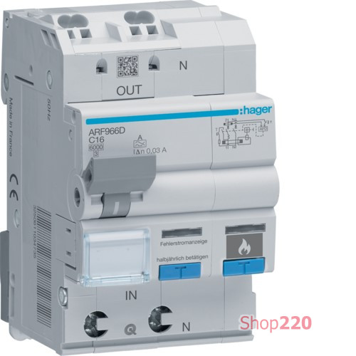 Дифавтомат с дуговой защитой AFDD, 1P+N 6kA C-16A 30mA A Hager ARF966D