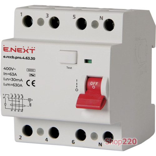 Диф. выключатель 63А, 30мА, 4 полюса, тип АС, e.rccb.pro.4.63.30 Enext p003020