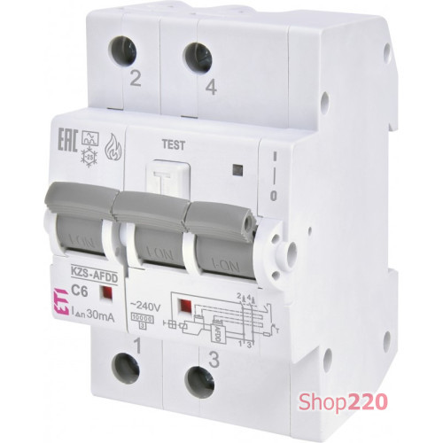 Дифавтомат с защитой от дуги C 6/0,03 тип A, 10kA, KZS-AFDD 3M2p ETI 2173871