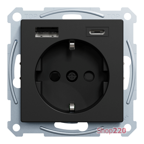 Розетка с двойной USB-зарядкой, 3А, тип A+C, Merten System M, матовый чёрный MEG2367-0403