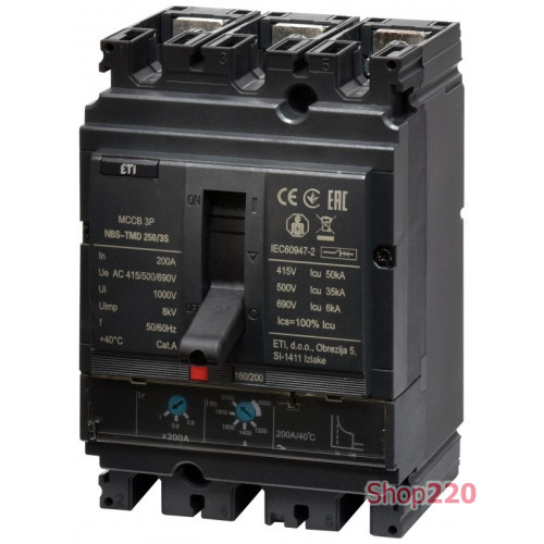 Автоматический выключатель 200A 3P, 50kA, (0.8-1)In/(5-10)In, NBS-TMD 250/3S ETI 4673075