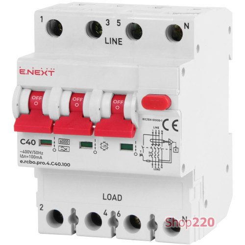 Трехфазный дифавтомат 40А, 100мА, кривая С, тип А, e.rcbo.pro.4.C40.100 Enext p0720024