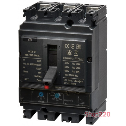 Автоматический выключатель 200A 3P, 36kA, (0.8-1)In/(5-10)In, NBS-TMD 250/3L ETI 4673071