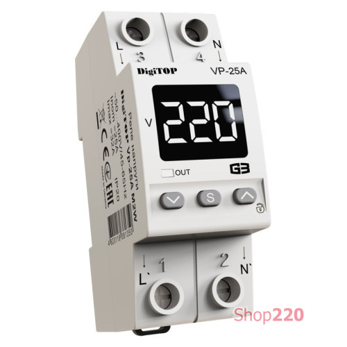 Реле напряжения 25А в компактном корпусе, белая индикация, VP-25A M2W DigiTop
