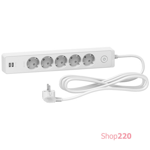 Удлинитель на 5 розеток + USB, шнур 1.5м, белый, Unica Extend ST945U1W Schneider
