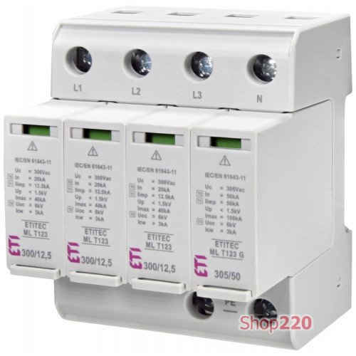 Ограничитель перенапряжения ETITEC ML T123 300/12,5 (3+1, 4p, TT) ETI 2440671