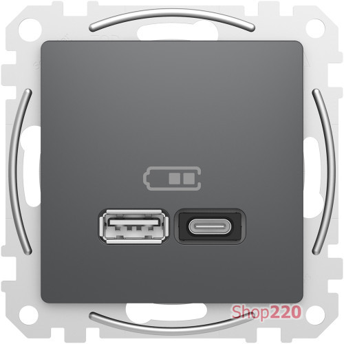 Розетка USB тип A+C 3A, 45W, черный, Sedna Design SDD114404