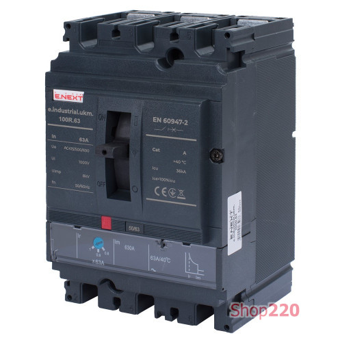 Силовой автоматический выключатель с регулировкой 63А, 3р, e.industrial.ukm.100R.63 ENEXT i091003