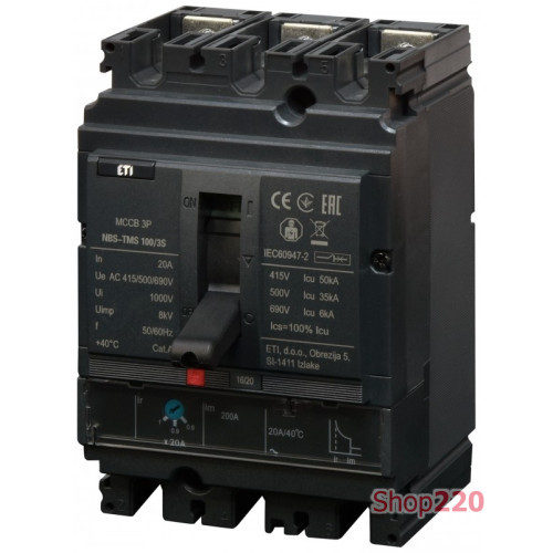 Автоматический выключатель 20A 3P, 50kA, (0.8-1)In/фикс., NBS-TMS 100/3S ETI 4673021