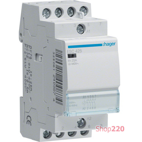 Контактор 230В 25 A, 4но, Hager ESC425