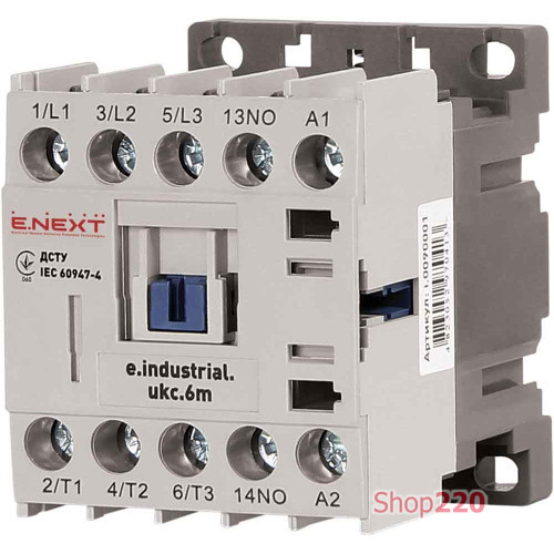 Контактор 6А, 220В, no, малогабаритный, e.industrial.ukc.6M.220 Enext i.0090001