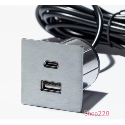 Розетка USB тип А+С в мебель, нержавеющая сталь, Versapick ASA 060.29Z.00041