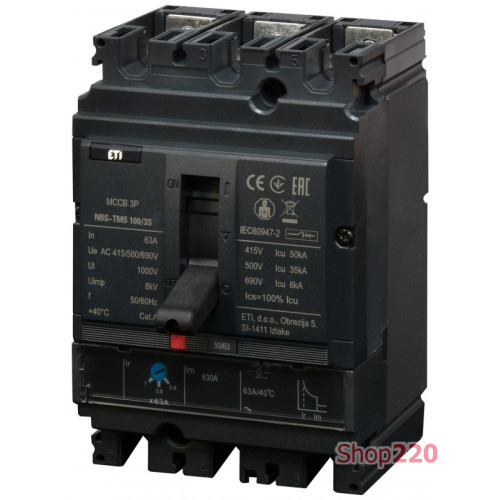 Автоматический выключатель 63A 3P, 50kA, (0.8-1)In/фикс., NBS-TMS 100/3S ETI 4673025