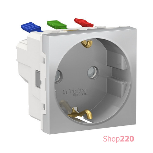 Розетка с заземлением и шторками, алюминий, 2 модуля, Unica New Schneider NU305730