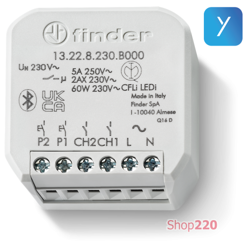 Реле многофункциональное; YESLY; 2NO; 6A; 230В AC; 2 канала; 21 функция; Bluetooth; 5кн. с подсвеч.; распр. коробка Finder 13228230B000
