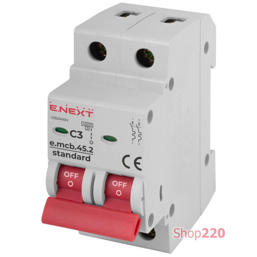 Модульный автоматический выключатель 2р, 3А, C, 4,5 кА, e.mcb.stand.45.2.C3 Enext s002042