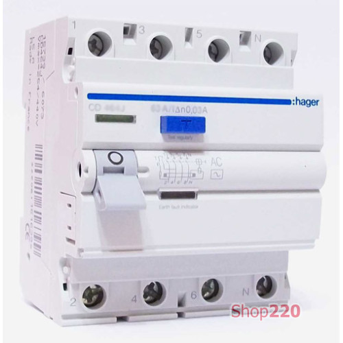 УЗО 40 A, 300 мA селективное, тип A, 4 полюса, Hager CP440J