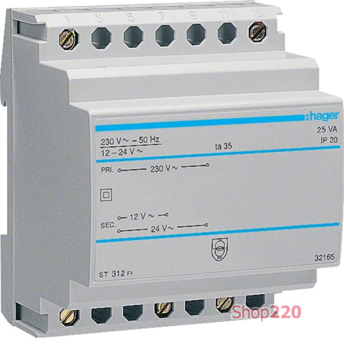 Трансформатор 220 / 24; 12 В, 25ВА, на дин-рейку, ST312 Hager