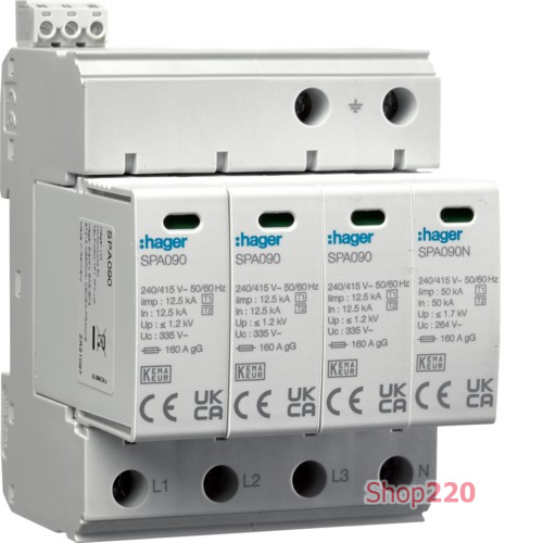 Разрядник (ПЗИП) T1+T2 4P 50kA 1,2kV TN-S TT +доп.контакт Hager SPA931