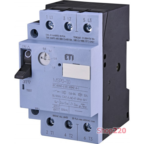 Автомат для защиты двигателя MSP0-1,0 (0,25 kW, 0.6-1A) ETI 4646619