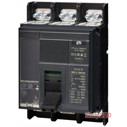 Автоматический выключатель 1000A 3P, 65kA, (0.4-1)In/(1.5-10)Ir, NBS-E 1600/3H ETI 4673181