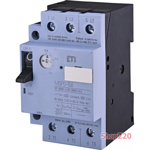 Автомат для защиты двигателя MSP0-0,6 (0,12-0,18 kW, 0.4-0.6A) ETI 4646618