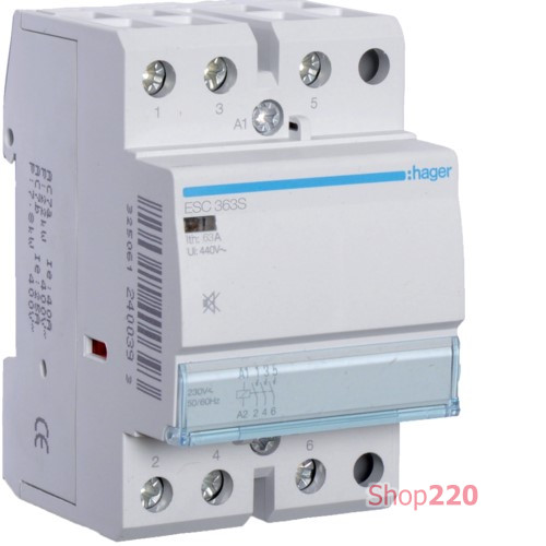 Контактор бесшумный 63A, 3НВ, 230В Hager ESC363S