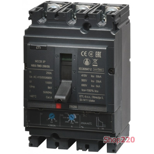 Автоматический выключатель 250A 3P, 50kA, (0.8-1)In/(5-10)In, NBS-TMD 250/3S ETI 4673076