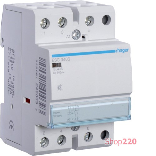 Контактор бесшумный 40A, 3НВ, 230В Hager ESC340S