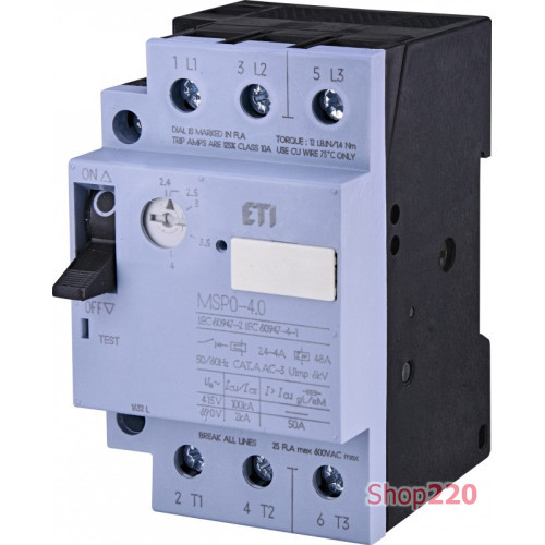 Автомат для защиты двигателя MSP0-4,0 (1,1-1,5 kW, 2.4-4A) ETI 4646622