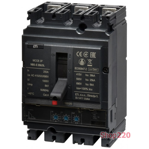 Автоматический выключатель 250A 3P, 36kA, (0.4-1)In/(1.5-10)Ir, NBS-E 250/3L ETI 4673079