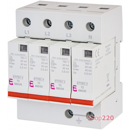 Ограничитель перенапряжения для защиты фотоэлектрических систем ETITEC V T2 690/20 4+0 RC ETI 2442989