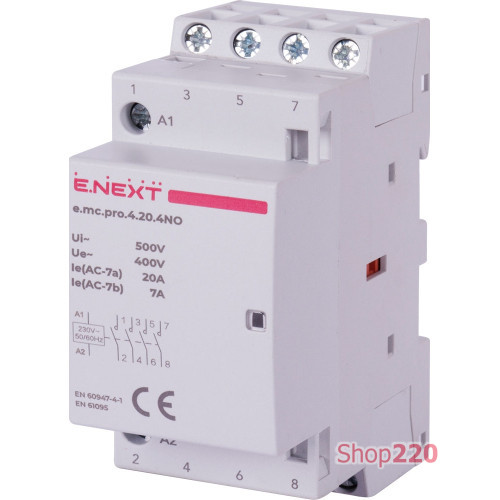 Модульный контактор 4р, 20А, 4NO, 220В, e.mc.pro.4.20.4NO Enext p005219