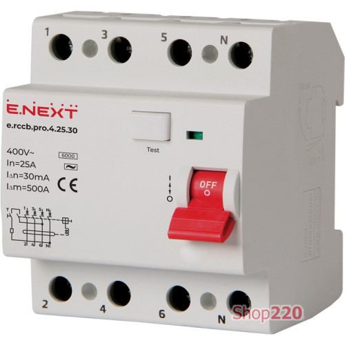 Диф. выключатель 25А, 30мА, 4 полюса, тип АС, e.rccb.pro.4.25.30 Enext p003018
