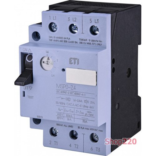 Автомат для защиты двигателя MSP0-2,4 (0,75 kW, 1.6-2.4A) ETI 4646621
