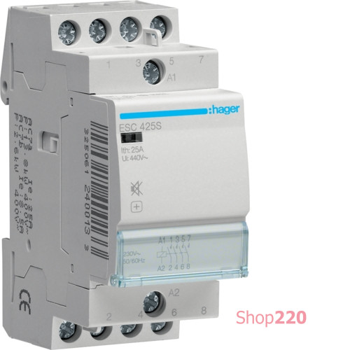 Контактор бесшумный 25A, 4 НО, 230 В, ESC425S Hager