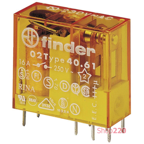 Реле; 1CO; 16A; 230В AC; AgSnO2; миниатюрное; шаг выводов 5мм; ДМ/розетка S95; RT II Finder 406182304000