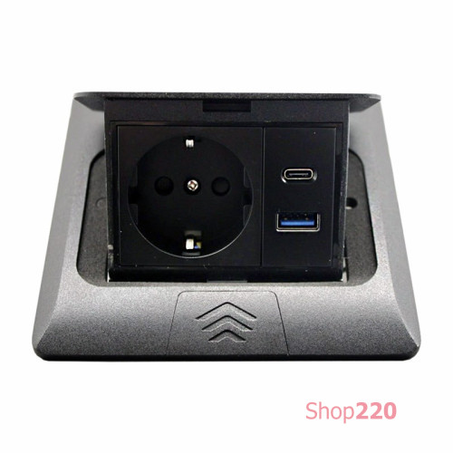 Лючок 220В + USB А+С, черный, IP44, ElectroHouse EH-F011