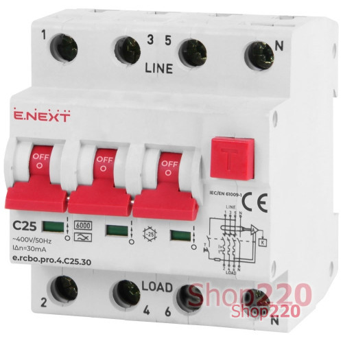 Трехфазный дифавтомат 25А, 30мА, кривая B, тип А, e.rcbo.pro.4.B25.30 Enext p0720030