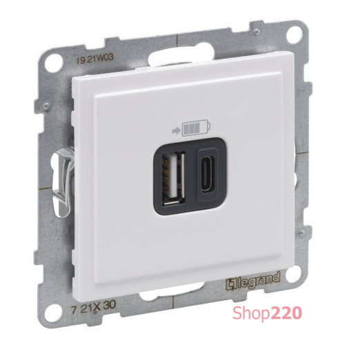Розетка USB Тип А+C, 12Вт+15Вт 5В, белый, Suno Legrand 721130